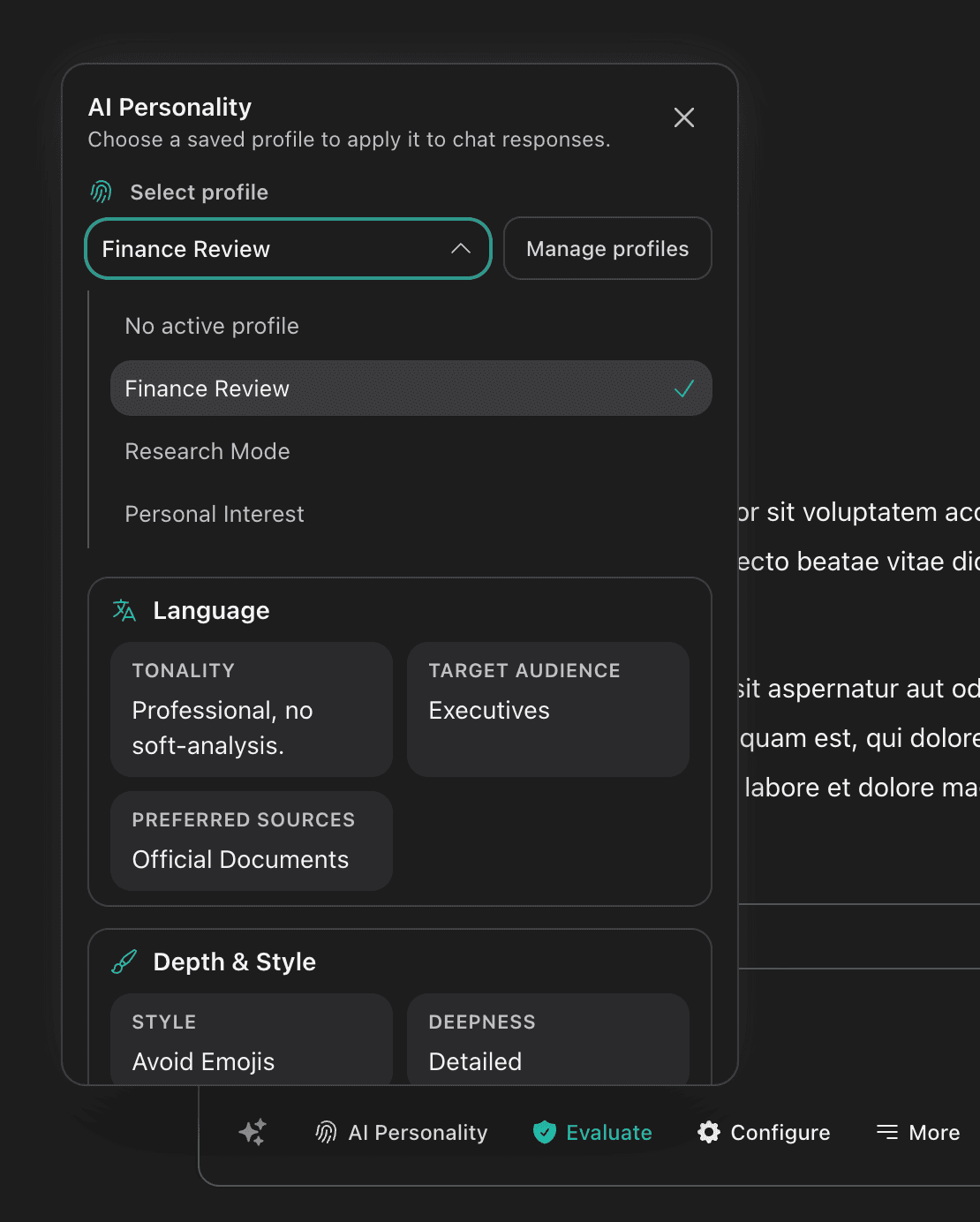 Perfil Researcher con tono, audiencia, fuentes, profundidad, tolerancia al riesgo y estilo.