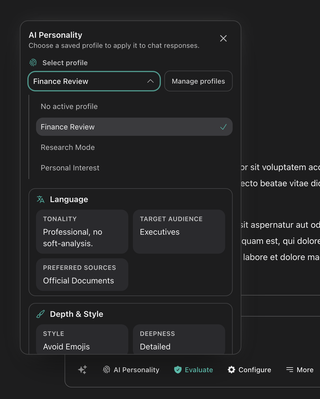 AI personalities settings in zenture