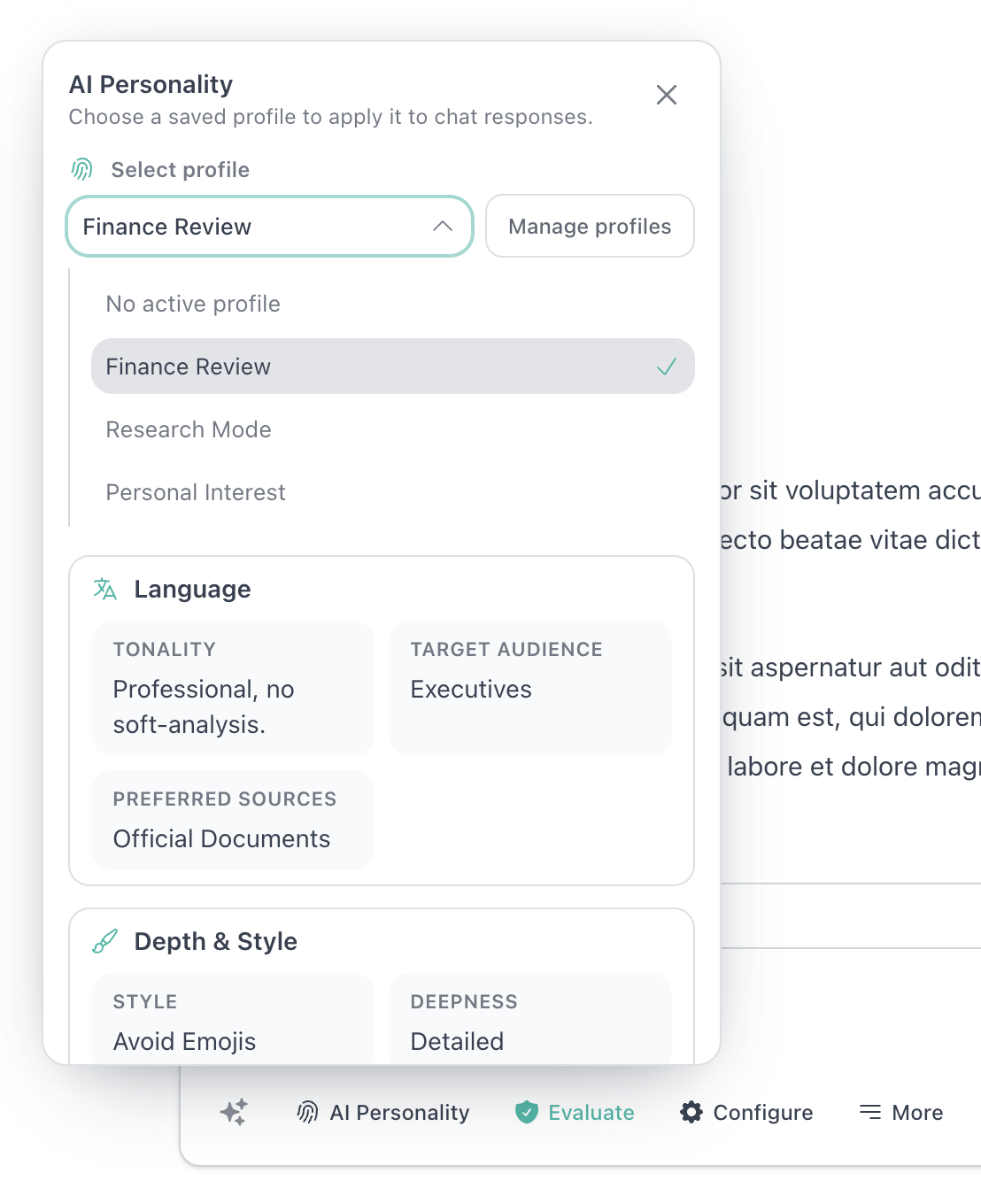 AI personalities settings in zenture